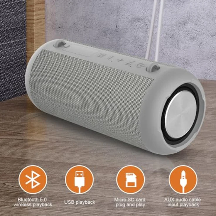 Lobwerk Bluetooth Lautsprecher, wasserdicht mit USB/Micro SD, Anruffunktion und Radio, grau, 30 Stunden Musikwiedergabe – Bild 3