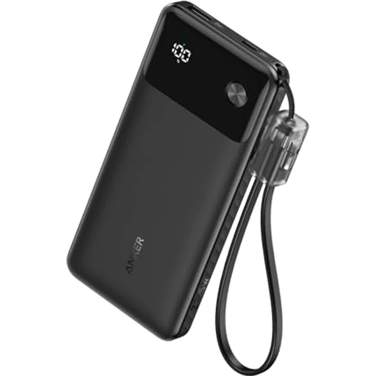 Anker 10.000 mAh Powerbank, 22,5W, black - Schlankes Design, Integriertes USB-C Kabel, 2-faches Schnellladen – Bild 2
