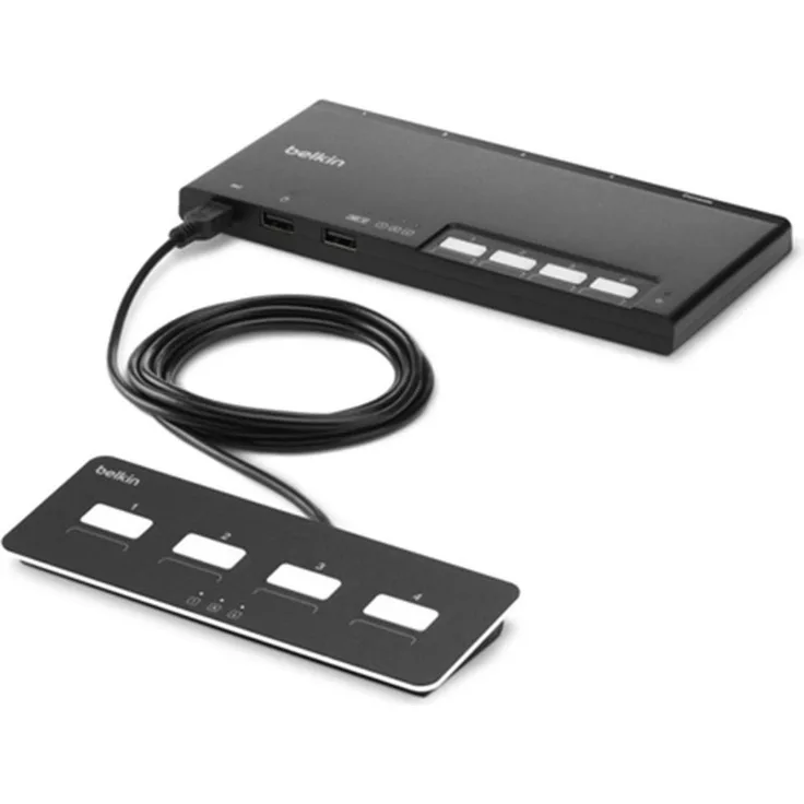 Belkin F1DN004MOD-KM-4, KVM Switch, 4-Port, Schwarz, NIAP-zertifiziert mit integrierter Peripherieemulation und Fernbedienung