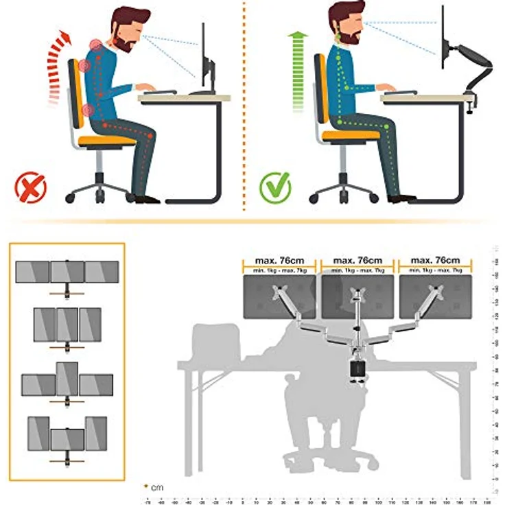 RICOO Triple Monitor Halterung Tisch Gasdruckfeder für 15-29 Zoll, Ergonomisch, VESA Tischhalterung, Monitorarm TS9911, Monitorhalterung 3 Monitore Arm Bildschirmhalterung Bildschirm Halter - Schwarz – Bild 5