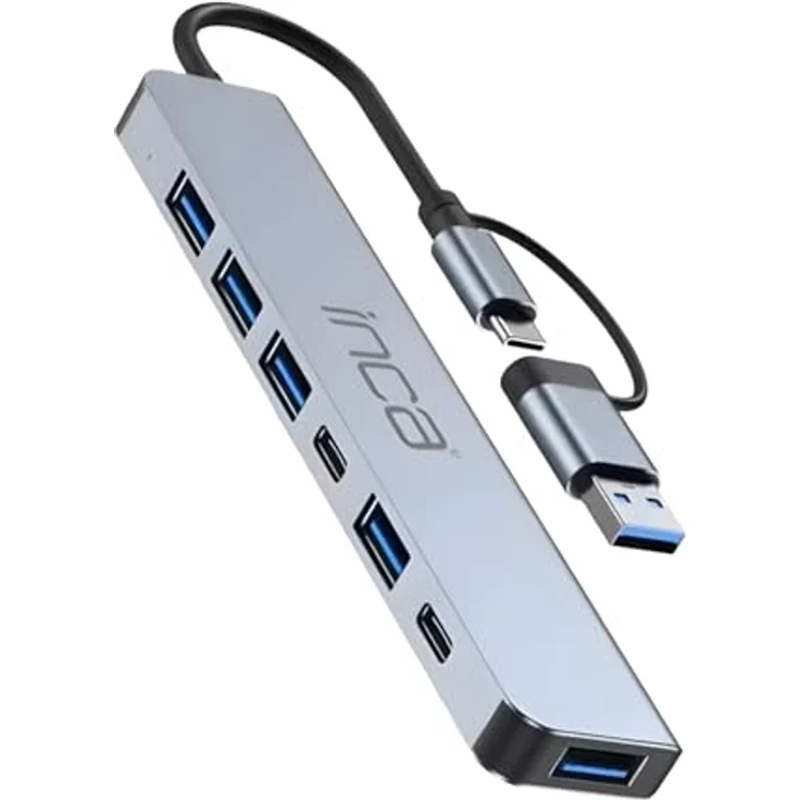 Inca IUTP-7T USB Hub, 7 in 2 Multiport Adapter mit USB 2.0 & 3.0, 100W Power Delivery, Aluminiumgehäuse, kompatibel mit Windows & Mac – Bild 1