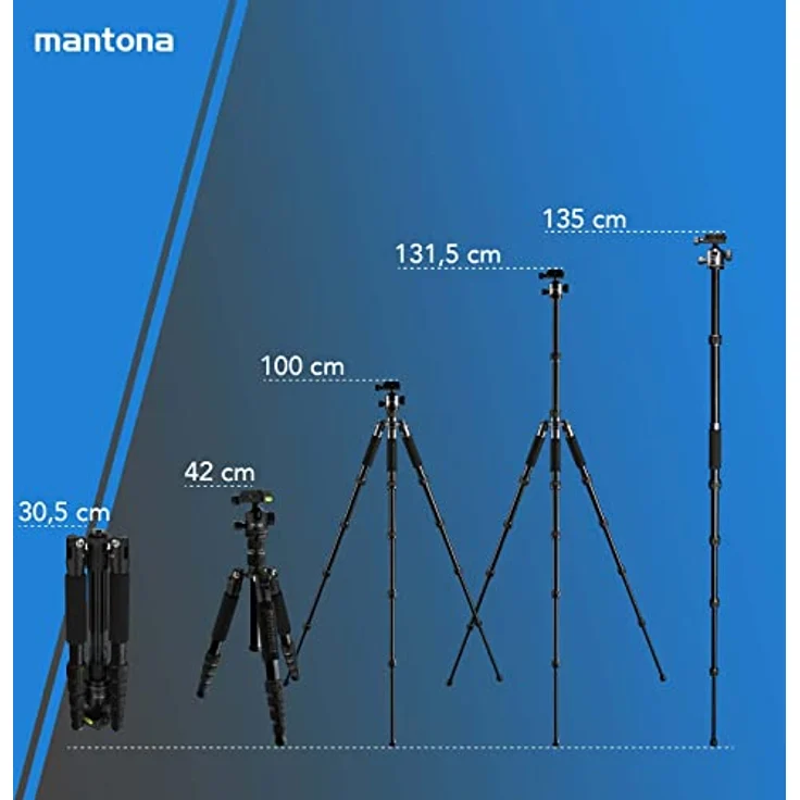 Mantona light traveller – leichtes Aluminium Reisestativ, extrem leicht 1,1kg und kompakt 30,5 cm, Einbeinfunktion, 360° Panorama Kugelkopf Arca-Swiss kompatibel, mit Tasche, schwarz – Bild 6