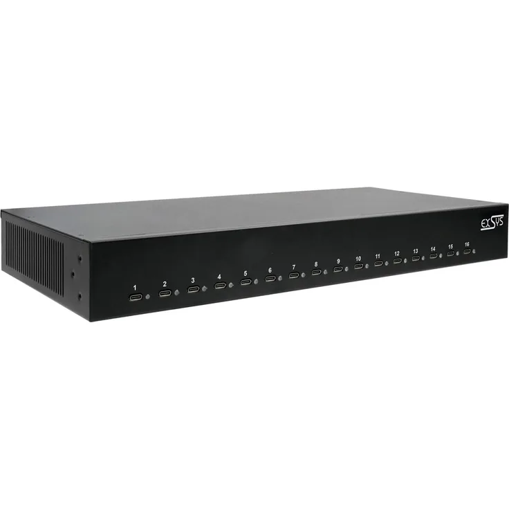 Exsys EX-11017 16-Port USB-C Ladestation, 1008W, unterstützt Power Delivery und Quick Charge, inkl. 19" Rack Kit