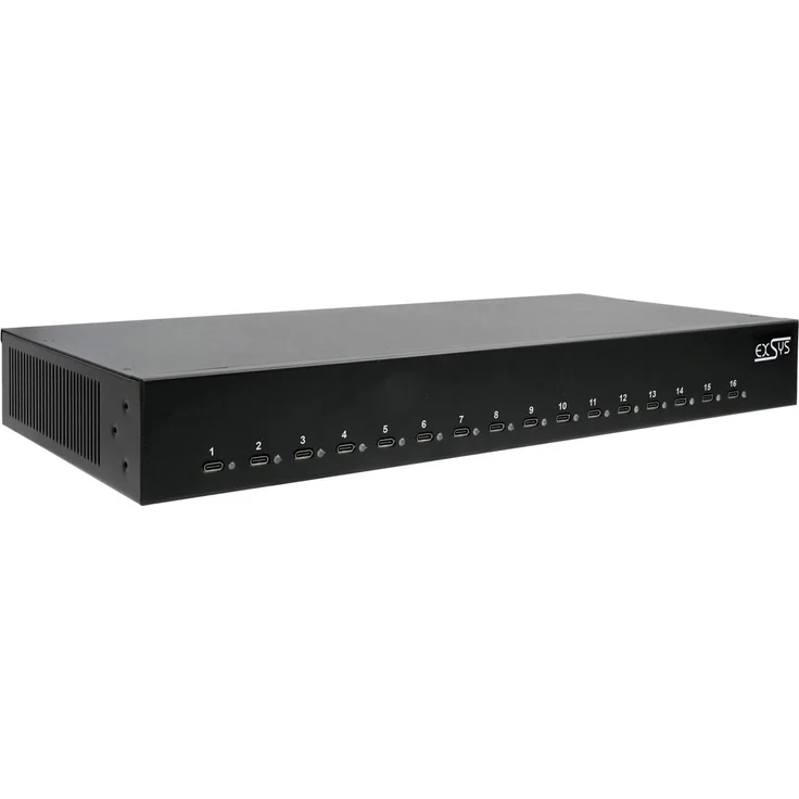 Exsys EX-11017 16-Port USB-C Ladestation, 1008W, unterstützt Power Delivery und Quick Charge, inkl. 19" Rack Kit