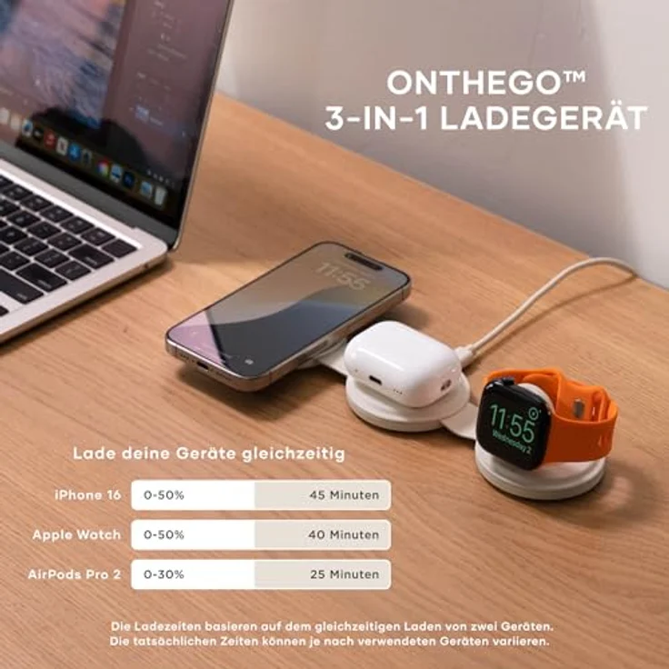 SATECHI OntheGo™ 3-in-1-Wireless-Ladegerät, tragbares Qi2-Ladegerät mit 15 W Schnellladung für iPhone 17 bis 12, 5 W für Apple Watch und 5 W für AirPods, magnetische Reiseladestation – Sand/Beige – Bild 3