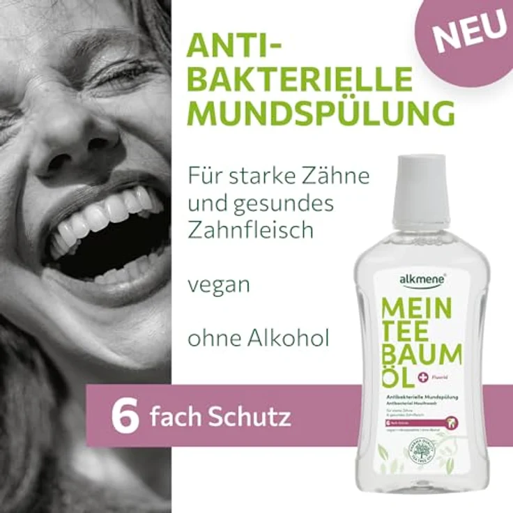 Alkmene Mein Teebaumöl antibakterielle Mundspülung 2x 500 ml mit 6fach Schutz - naturreines Teebaumöl, vegan & klimaneutral - Mundwasser für starke Zähne & gesundes Zahnfleisch - Zahnspülung – Bild 2