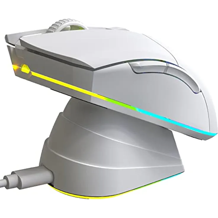 KLIM Blaze Pro - Gaming-Maus, kabellos, RGB wiederaufladbar, mit Ladestation, Weiß