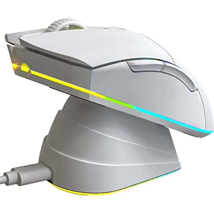 KLIM Blaze Pro - Gaming-Maus, kabellos, RGB wiederaufladbar, mit Ladestation, Weiß – Bild 1