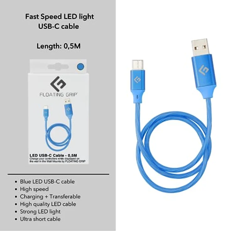 Floating Grip 0,5M LED USB-C Kabel (Blau), langlebige Verbindung mit Anschlussstatusanzeige und kompatibel mit USB-C und USB-A Geräten – Bild 4