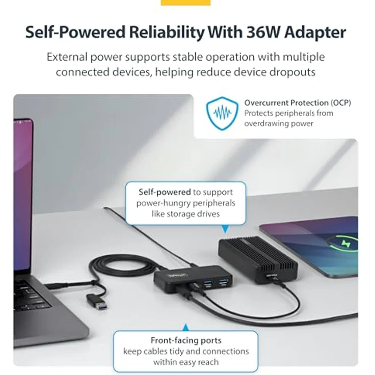 StarTech 4-Port USB-C und USB-A Hub mit Eigenstromversorgung, 5Gbps, 36W Netzadapter, 1x USB-C, 3x USB-A, Plug and Play für MacBook und Windows – Bild 4