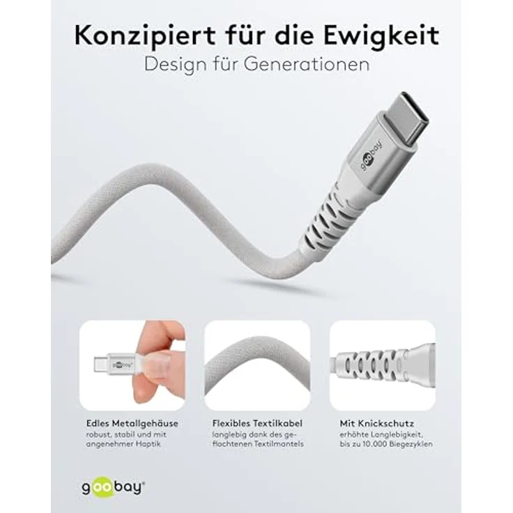Goobay USB-C™-auf-USB-C™-Textilkabel, 3 m, weiß, mit Metallsteckern und Knickschutz, 60 W Leistung – Bild 4