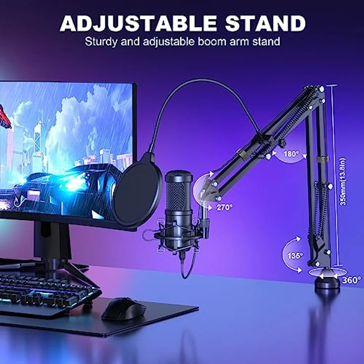 aokeo USB Mikrofon Set, 192kHz/24bit Kondensatormikrofon mit Mikrofonständer, Popfilter, Windschutz, für Podcasting und Streaming – Bild 3