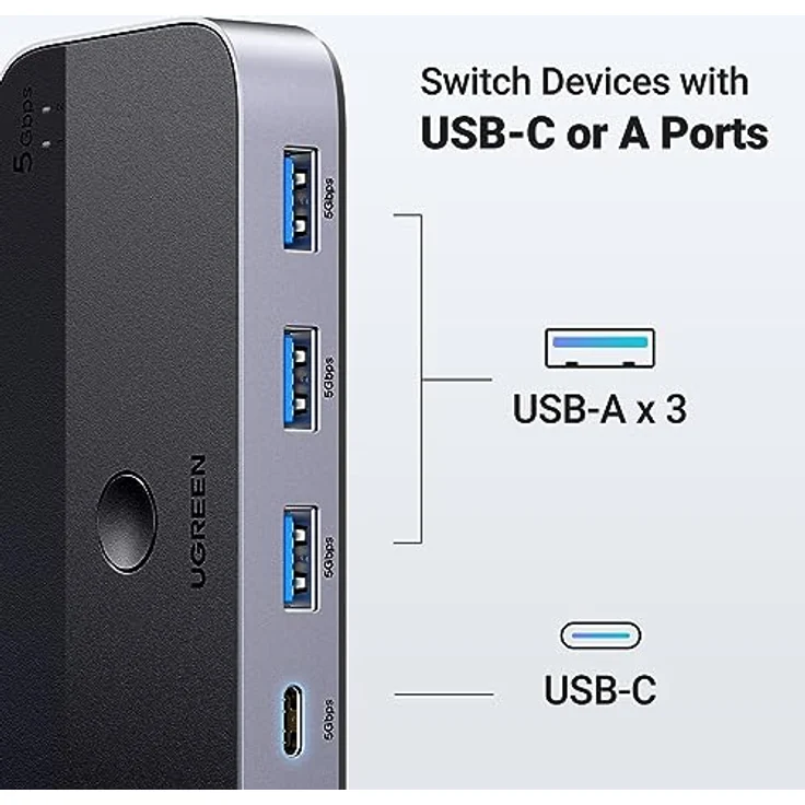UGREEN USB Switch 2PC mit 1xUSB C Port und 3xUSB A Ports, 2 In 4 Out USB 3.0 Switcher Alugehäuse mit Desktop-Kontroller, 2 USB A auf A Kabeln für Tastatur, Maus, Drucker, Scanner, USB Stick usw. – Bild 4