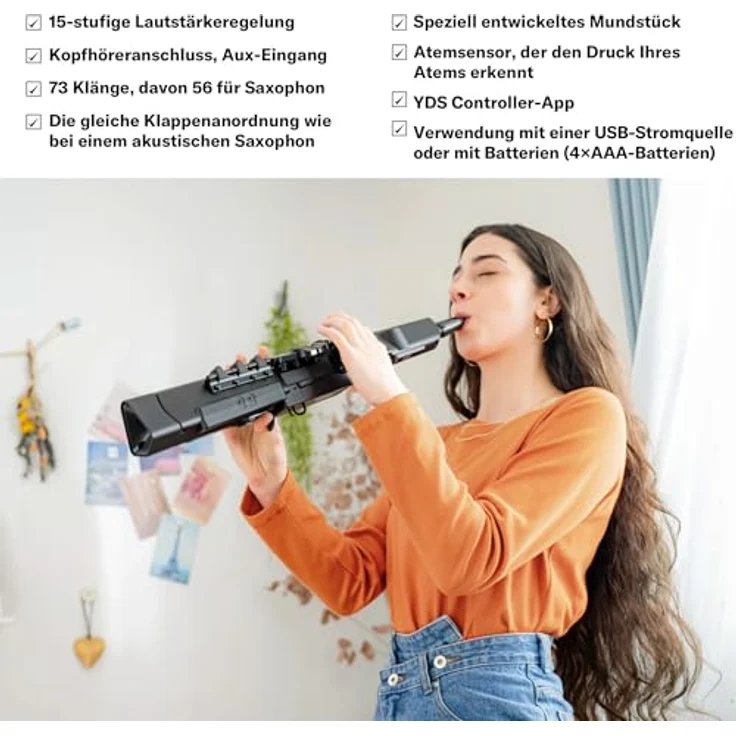 Yamaha YDS-120 Digitales Saxophon - 56 authentische Saxophon Klänge, Atemsensor, Lautstärkeregler, USB- und Kopfhöreranschluss, Schwarz – Bild 4