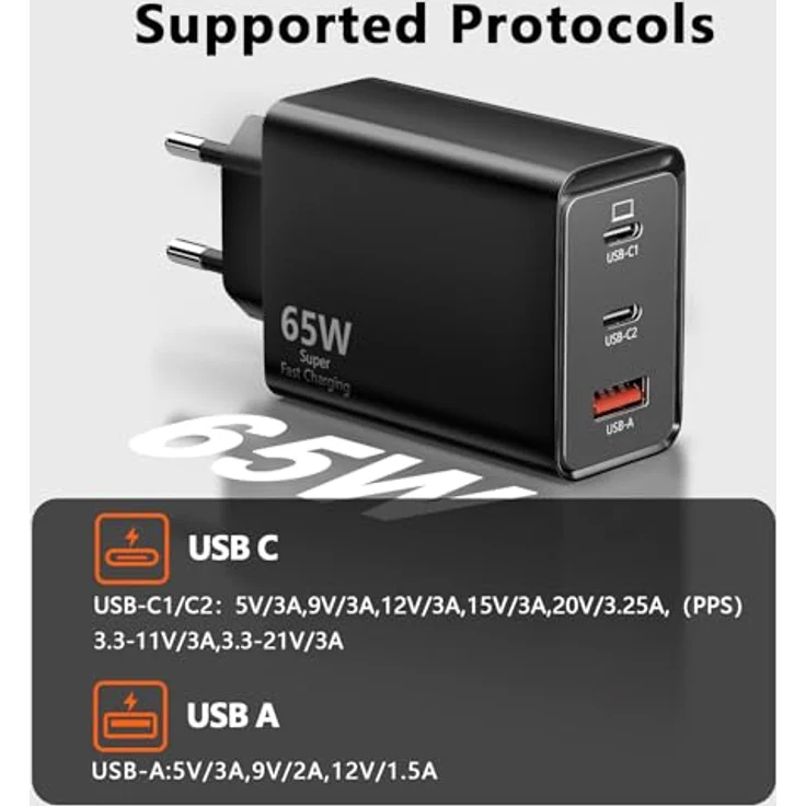sccvee USB C Ladegerät 65W, 3-Port mit 2 USB-C und 1 USB-A, PPS Schnellladegerät mit PD+QC, kompatibel mit MacBook Pro/Air, iPhone 12/13/14/15/16 Pro Max und Samsung Galaxy S22/S23/S24 – Bild 5
