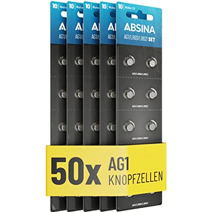 ABSINA AG1 LR621 Knopfzelle 50er Pack, 1,5V Alkaline Knopfzellen mit langer Haltbarkeit und Auslaufschutz, ideal für verschiedene Anwendungen – Bild 1