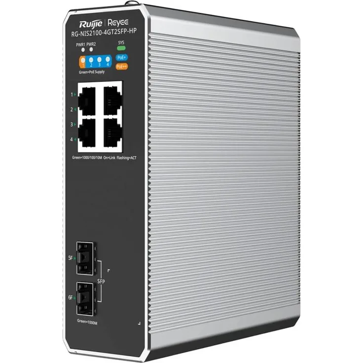 Ruijie Reyee RG-NIS2100-4GT2SFP-HP, Vollständig verwalteter industrieller Switch (4 Ports) mit 180 Watt PoE, Schwarz
