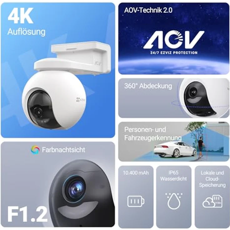 EZVIZ CB8 Pro 4K, Kabellose 360° Solar/Akku WLAN-Außenkamera mit Farbnachtsicht, KI Personen- und Fahrzeugerkennung, Zwei-Wege-Audio – Bild 2