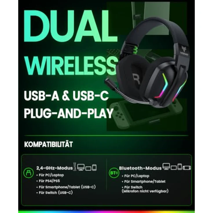 WESEARY Gaming Headset Wireless mit Mikrofon, 60 Stunden Akkulaufzeit, RGB-Beleuchtung, kompatibel mit PS5, PS4, PC, Switch und Handy – Bild 4