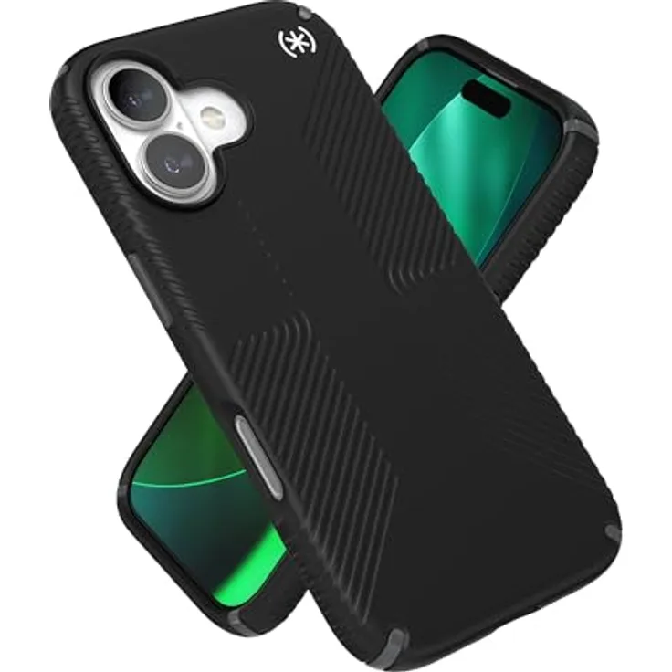 Speck PRESIDIO2 Grip Hülle für iPhone 17, MagSafe-kompatibel, 4 m Fallschutz, rutschfeste Griffe, Schwarz/Schiefergrau/Weiß