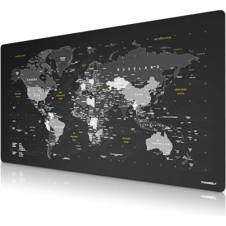 Titanwolf XXXL Gaming Mauspad 1600 x 800 mm, rutschfeste Tischunterlage, abwaschbar, hohe Mauskontrolle, schwarz, Weltkarte deutsch