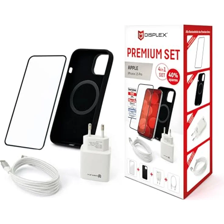 Displex Premium Starterset für iPhone 15 Pro - Hochwertige Silikonhülle mit MagSafe-Kompatibilität- Displayglas in 10H Qualität mit Montagerahmen - inklusive Schnellladegerät und USB-C-Kabel – Bild 2