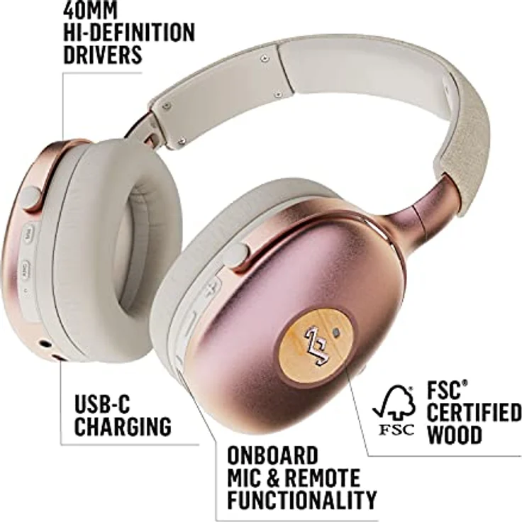 House of Marley Bluetooth Kopfhörer kabellos over-ear 'Positive Vibration XL ANC' - Kopfhörer ohne Kabel mit integriertem Mikrofon - Headphones / DJ Kopfhörer aus nachhaltigen Materialien (Rosegold) – Bild 2
