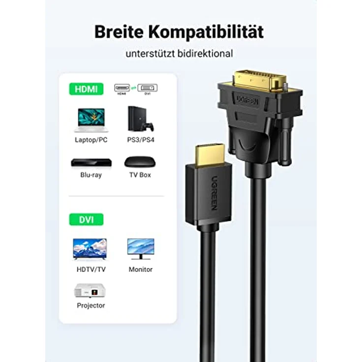 UGREEN HDMI DVI adapter DVI 24+1 Adapter HDMI mit 1080P, High Speed DVI auf HDMI bidirektional Konverter unterstützt 3D , Full HD vergoldete Kontakte, 1m, Schwarz – Bild 3