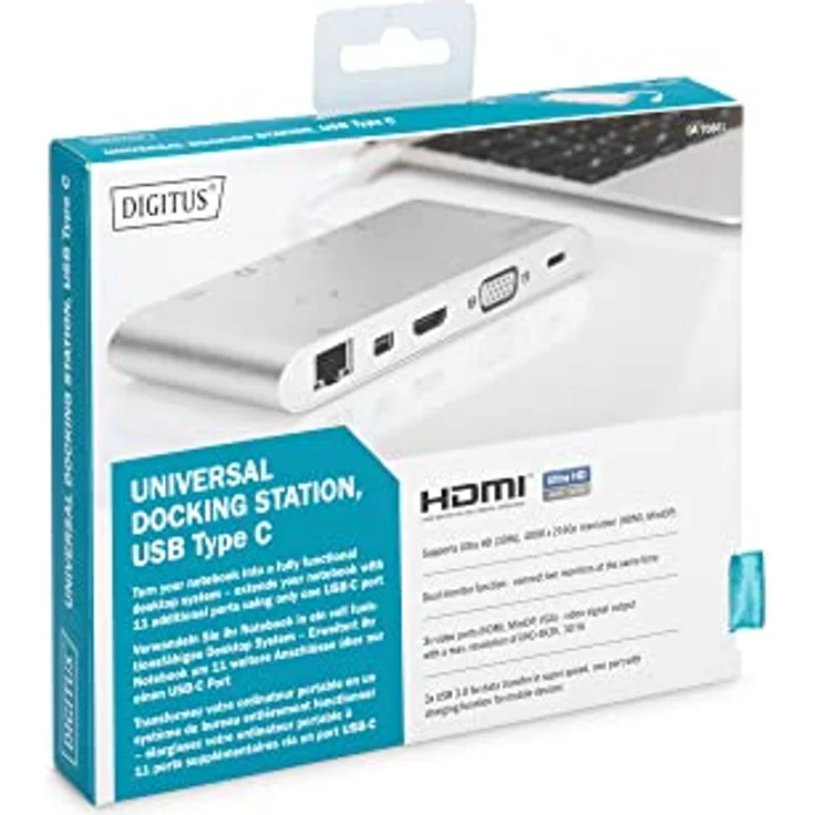 DIGITUS Multiport Docking-Station - USB-C Dock 11 Ports - Audio - Video, RJ45, 3x USB 3.0, Ladeport, Cardreader - Silber – Bild 5