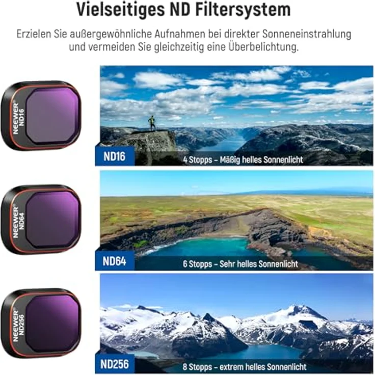 NEEWER ND und CPL Filter Set für DJI Mini 4 Pro, 4-teilig ND16 ND64 ND256 mit Polarizer, Multi Coated HD Glas und Aluminiumrahmen – Bild 3