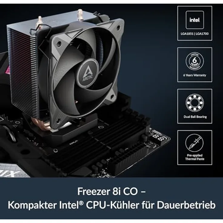 Arctic Freezer 8i CO, CPU-Kühler für Intel Sockel LGA1851/1700, 100mm PWM-Lüfter, schwarz, kompakte Bauweise