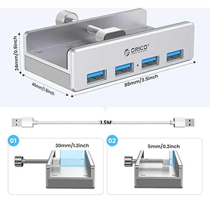 ORICO USB 3.0 Hub 4 Port, Aluminium SuperSpeed Datenhub Mit Extra Netzteilanschluss Port für Desktop Computer, MacBook, MacBook Air/Pro/Mini（Silber） – Bild 3
