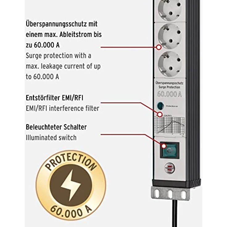 Brennenstuhl Premium-Line Steckdosenleiste 6-Fach mit Überspannungsschutz 60.000 A (Mehrfachsteckdose im 19" Format, 3m Kabel, mit Schalter, Made in Germany) schwarz/grau – Bild 3