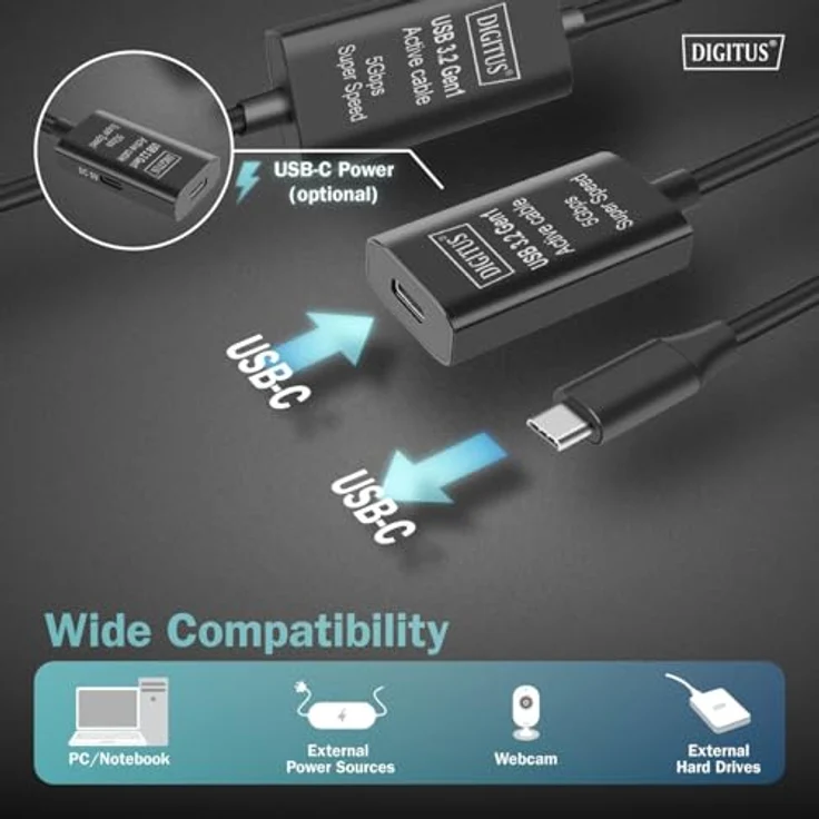 DIGITUS Aktives USB Verlängerungskabel - USB-C Buchse zu USB-C Stecker - 10 m - USB 3.2 Gen1-5 Gbit/s - Plug & Play - mit Signalverstärker - Schwarz – Bild 3