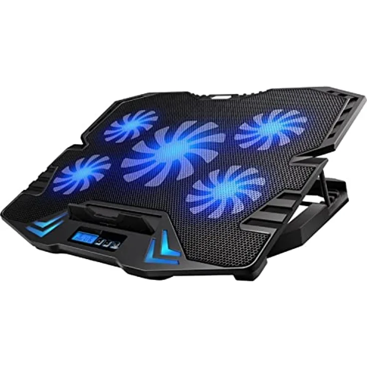 Ewent EW1259 Gaming Laptop Kühler, 12-17 Zoll, 5 ruhige Lüfter mit blauen LEDs, 2 USB-Ports, höhenverstellbarer Ständer, schwarz