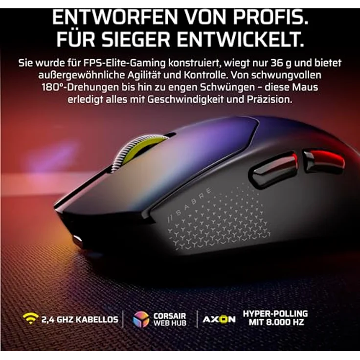 Corsair Sabre v2 PRO Ultralight Wireless FPS Gaming-Maus – 33K DPI, 36g, 8,000Hz Hyper-Polling, mechanische Schalter, bis zu 70 Stunden Akku – Weiß – Bild 2