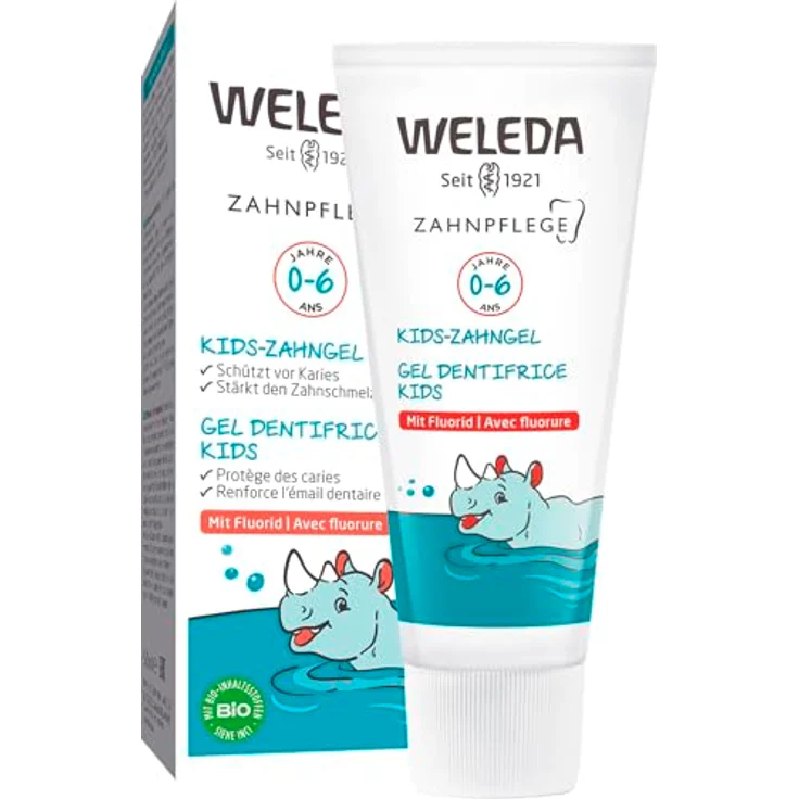 WELEDA Bio Kids Zahngel mit Fluorid, natürliche Zahnpasta für Kinder bis 6 Jahre, schützt vor Karies und fördert Zahnschmelz-Härtung (vegan, 1x 50ml) – Bild 1