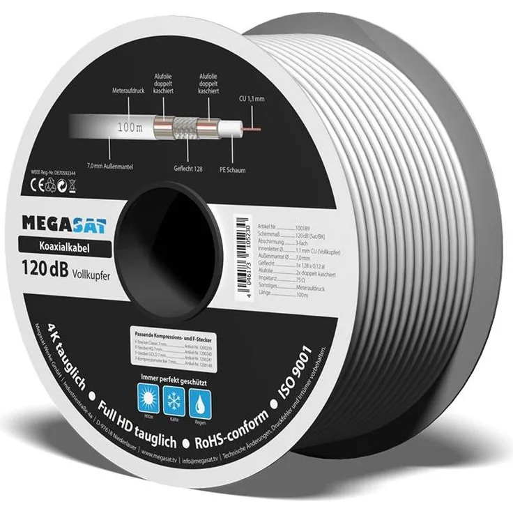 Megasat Koax 120dB Vollkupfer Antennenkabel, 500m Mini-Spule für optimale Signalübertragung