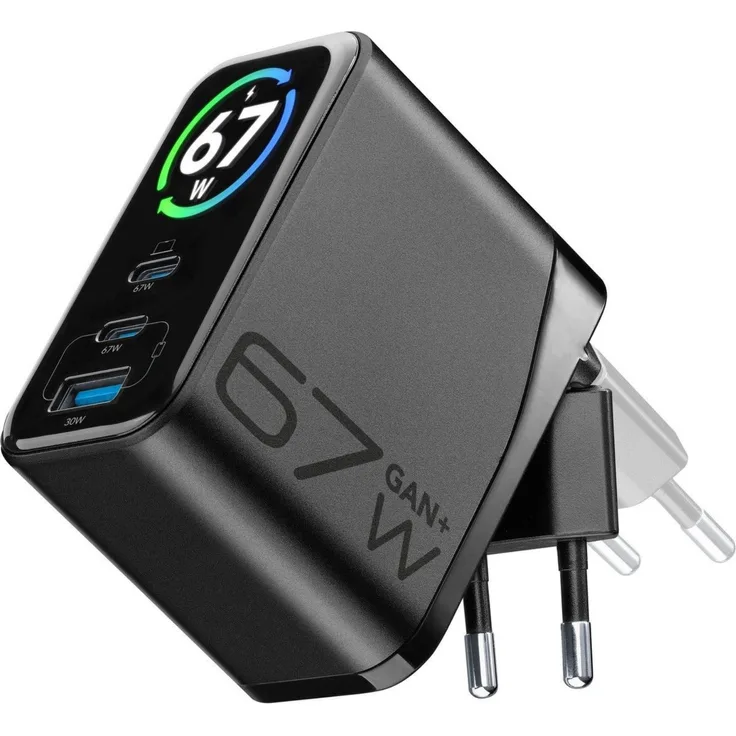 Cellularline USB Typ-C 67W TFT Charger, Netzladegerät mit 2 USB-C-Ports und klappbarem Stecker, schwarz