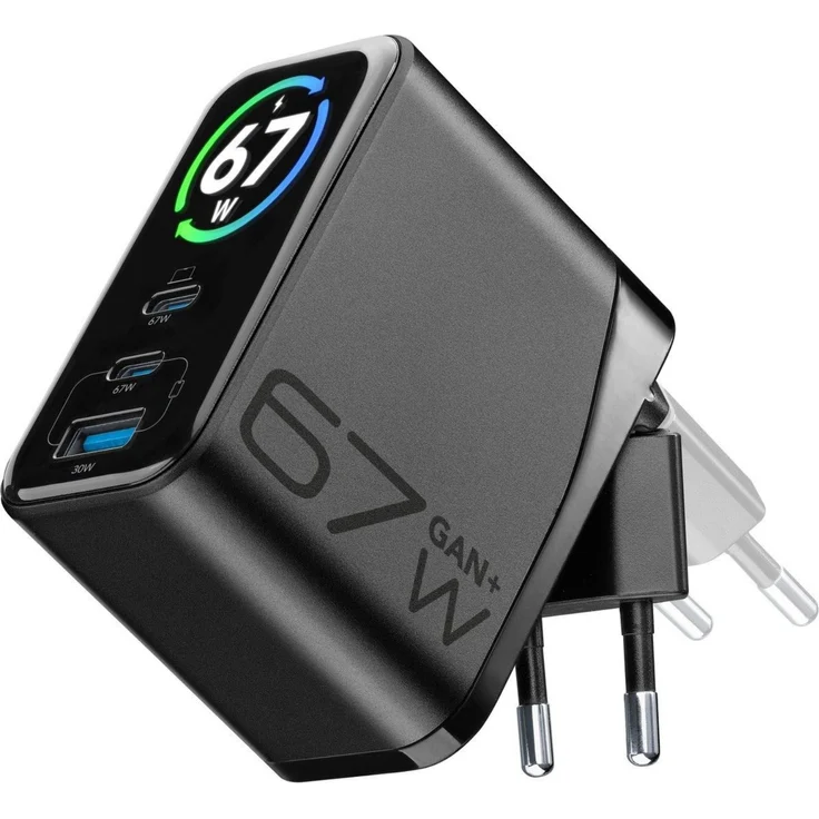 Cellularline USB Typ-C 67W TFT Charger, Netzladegerät mit 2 USB-C-Ports und klappbarem Stecker, schwarz