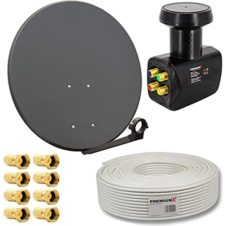 PremiumX PXS80, Satelliten-Komplettanlage 80 cm Antenne Anthrazit mit Quad LNB für bis zu 4 Teilnehmer, 30 m Antennenkabel, Hochfrequenzstabilität, unterstützt 4K Ultra HD und Full-HD
