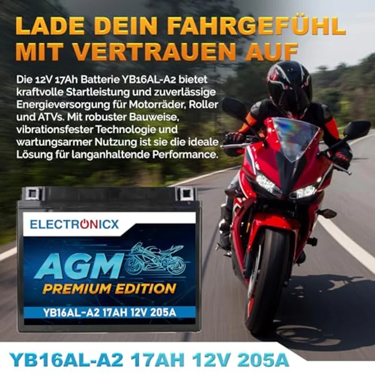 Electronicx AGM-YB16AL-A2 AGM Motorradbatterie 17Ah 12V, wartungsfrei, rüttelfest, auslaufsicher für Motorrad, Roller, Quad und ATV – Bild 2
