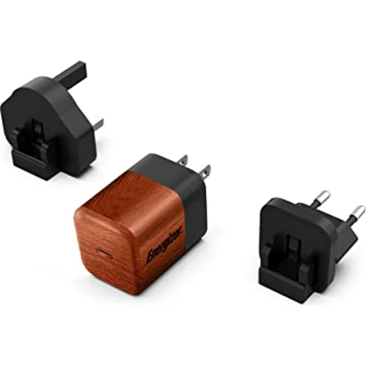 Energizer - Schnellladegerät USB-C 20 W – ohne Kabel – 3 Steckdosen im Lieferumfang enthalten (EU/US/UK) – Walnuss-rund