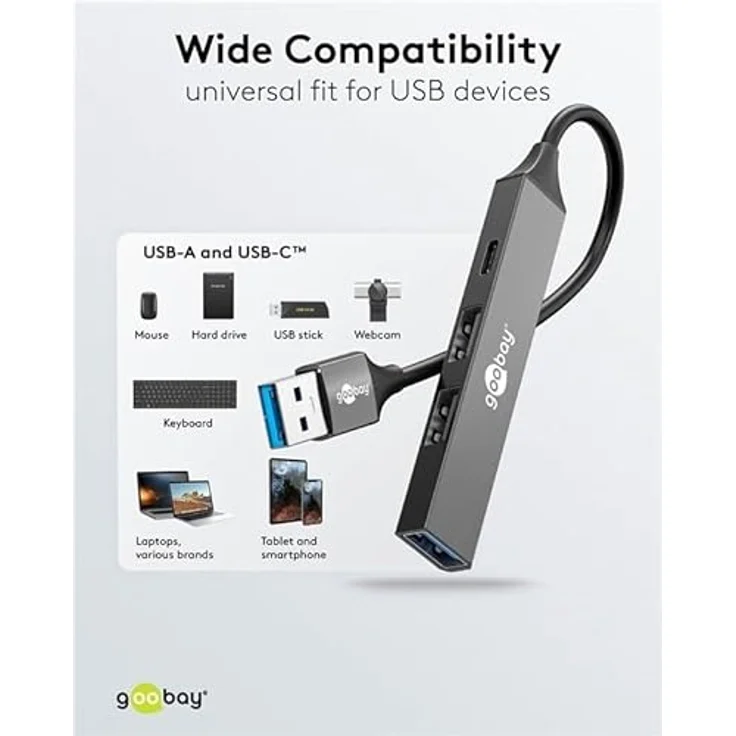 goobay 4-Port USB 3.2 Hub Slim, USB Mehrfachstecker, 5 Gbits, USB Splitter, USB-A zu 3X USB-A und 1x USB-C Multiport Adapter, Aluminiumgehäuse, Schwarz – Bild 5