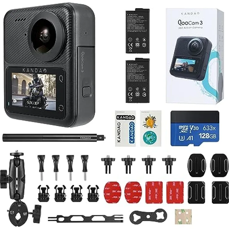 KanDao QooCam 3 Action Kamera, Motorrad Combo - 5.7K 360 Video, 4K/60fps Video, 62MP 360 Grad Foto, Wasserdicht bis 10m