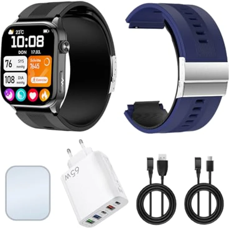 Knauermann PRO 4 Air Senioren-Smartwatch mit Sturzerkennung, SOS-Funktion, AMOLED Display, schwarz und blau – Bild 1