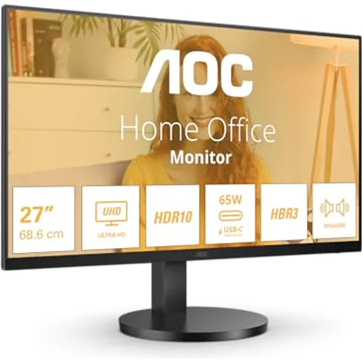 AOC U27B3CF - 27 Zoll UHD Monitor, Lautsprecher, höhenverstellbar, HDR10 (3840x2160, 4K, 60 Hz, 2X HDMI, USB Hub) schwarz