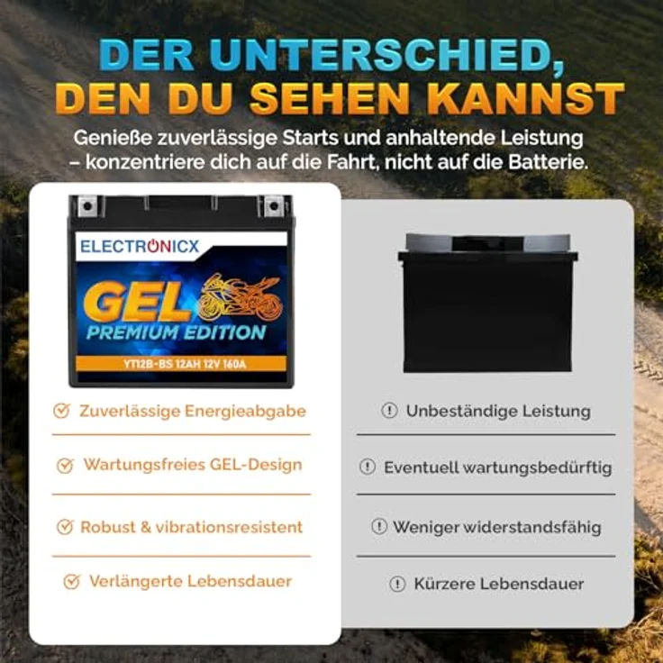 Electronicx GEL-YT12B-BS Motorradbatterie 12Ah 12V, wartungsfrei und vibrationsfest für Motorrad, Roller, Quad und ATV – Bild 7