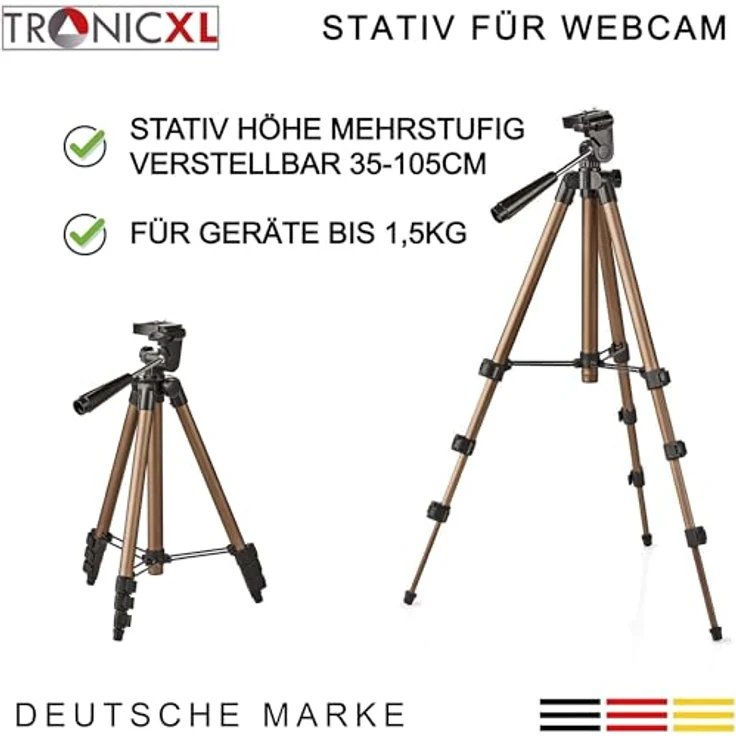 TronicXL Tripod Stativ für Webcam Logitech C920 Brio 4K C925e C922x C922 C930e, einstellbare Höhe 35-105cm, 3-Wege-Panoramakopf, lichtgewichtig, praktische Transporttasche – Bild 5