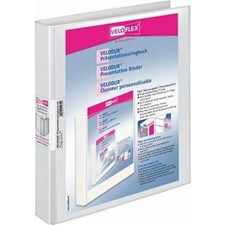 VELOFLEX Aktenordner VELODUR® 40mm DIN A4 2 Ringe D-Mechanik Pappe weiß, Buchbinderisch verarbeitet mit Rückentasche and Temperaturbeständigkeit – Bild 1